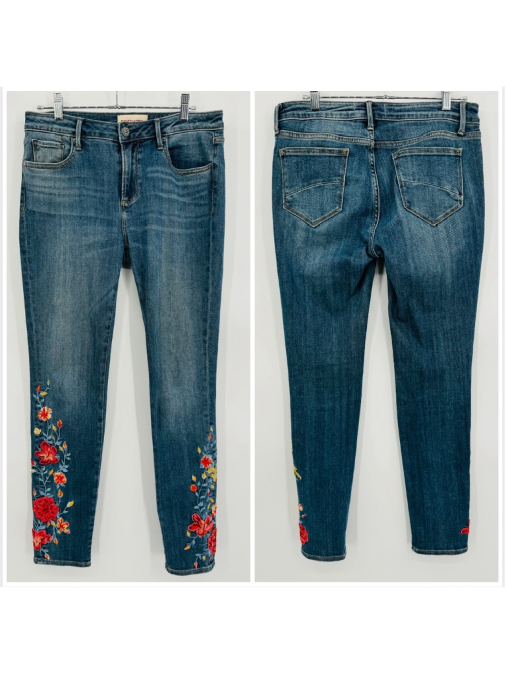 Women's Driftwood Floral Embroidered Jackie Slim Straight Jeans Size 28 Blue Red